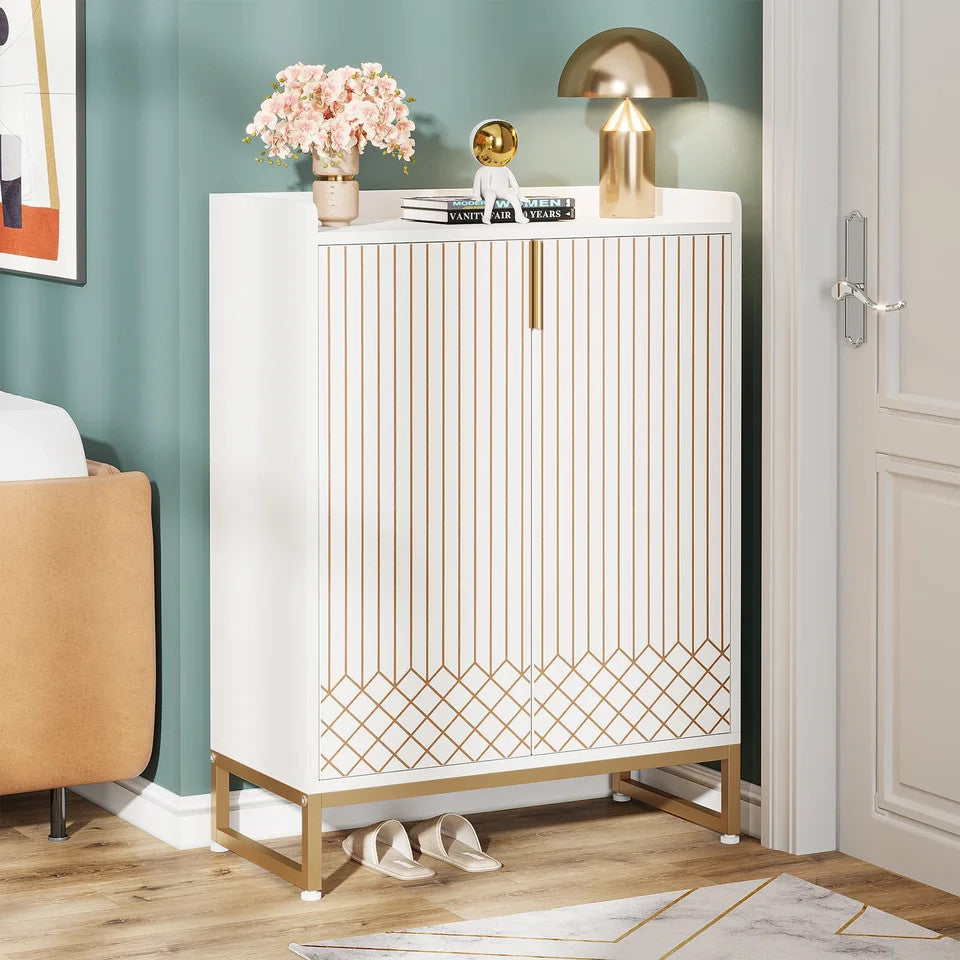 Estuary 5-Tier White Shoe Cabinets with Doors, Shoe Rack, Wood Storage Cabine