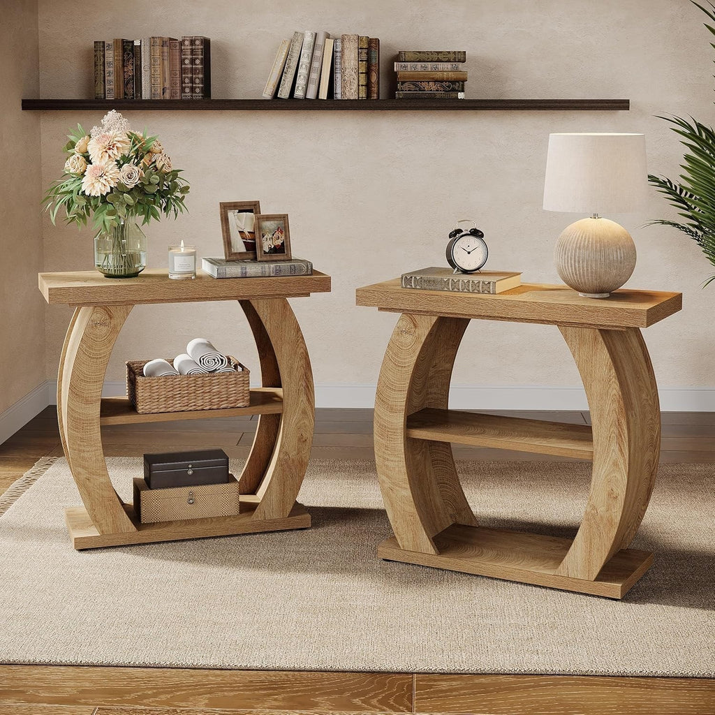 3-Tier End Table for Living Room, Narrow Bedside Table with Storage, Farmhouse W