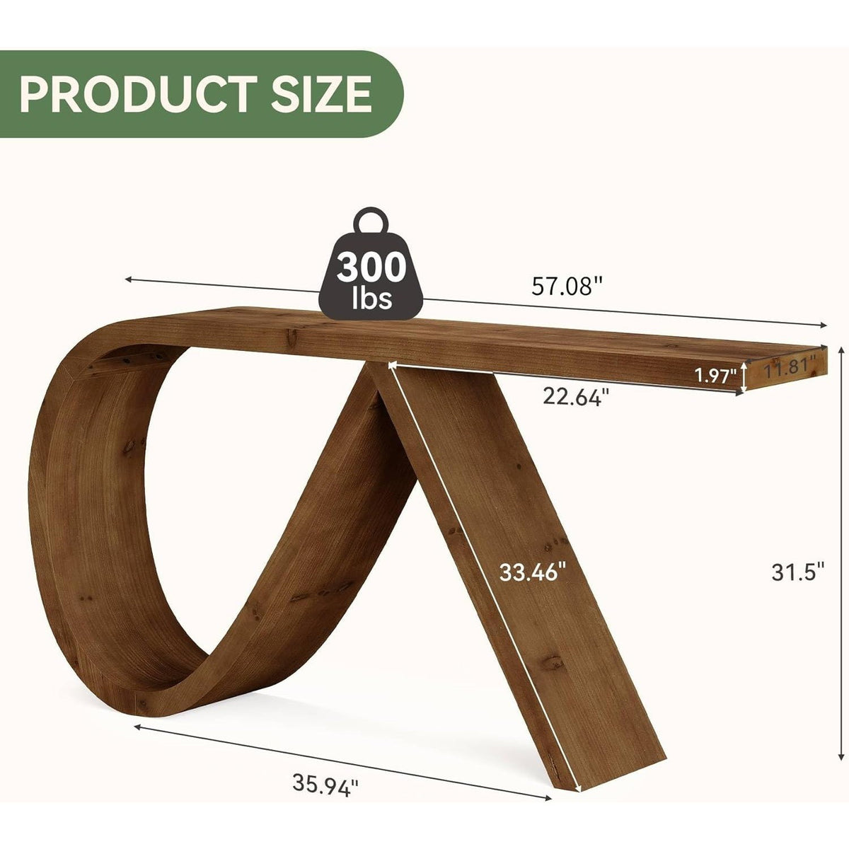 57 Inch Solid Wood Console Table, Curved Entryway Table, Narrow Long Sofa Table