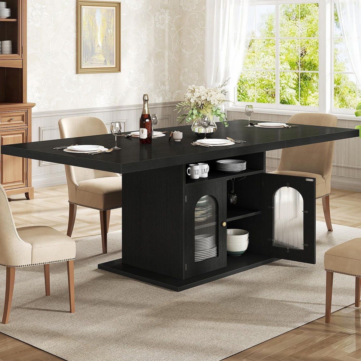 EstuaryDining Desk for 4–6 Wood Farmhouse Kitchen Table with 3-Tier Storage Shel