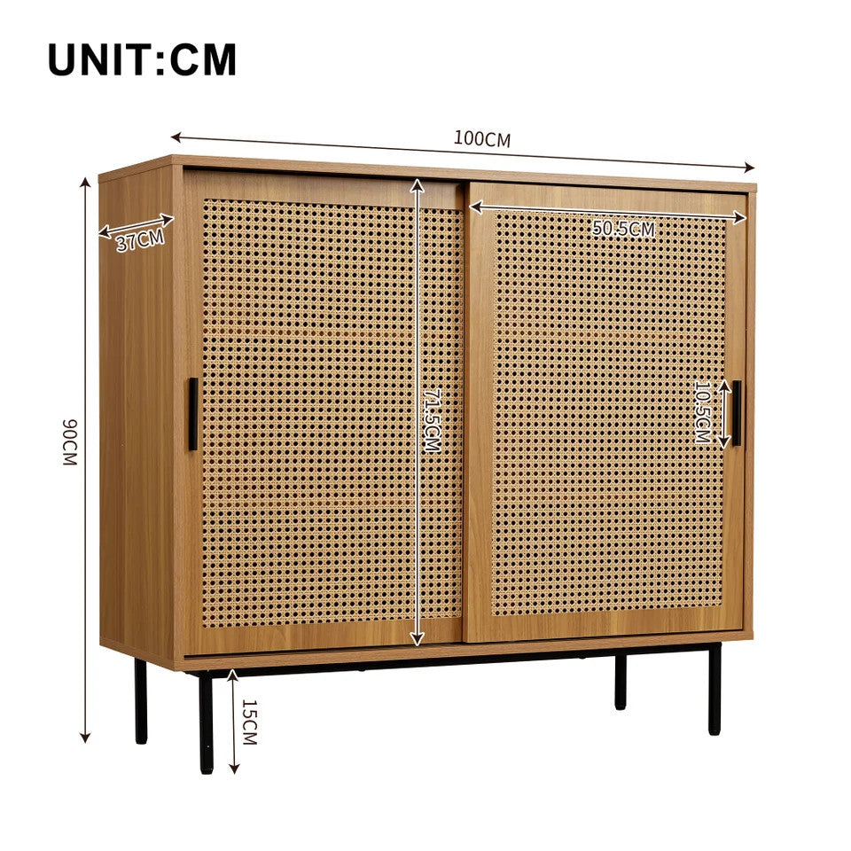 EstuaryVintage Farmhouse Walnut Rattan Sideboard Sliding Breathable Rattan Doors