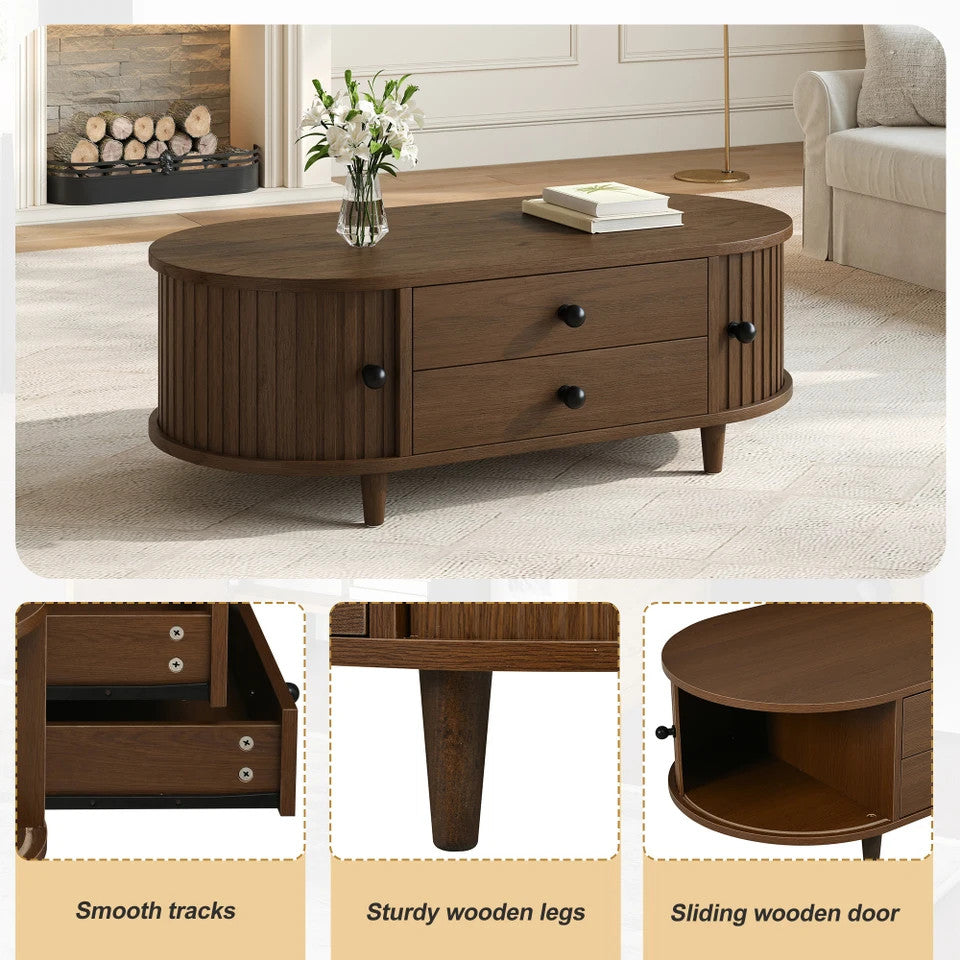 EstuaryOval Coffee Table with 2 Sliding Doors & Drawers – Walnut MDF, 100x50x36c