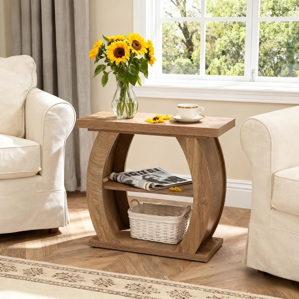 3-Tier End Table for Living Room, Narrow Bedside Table with Storage, Farmhouse W