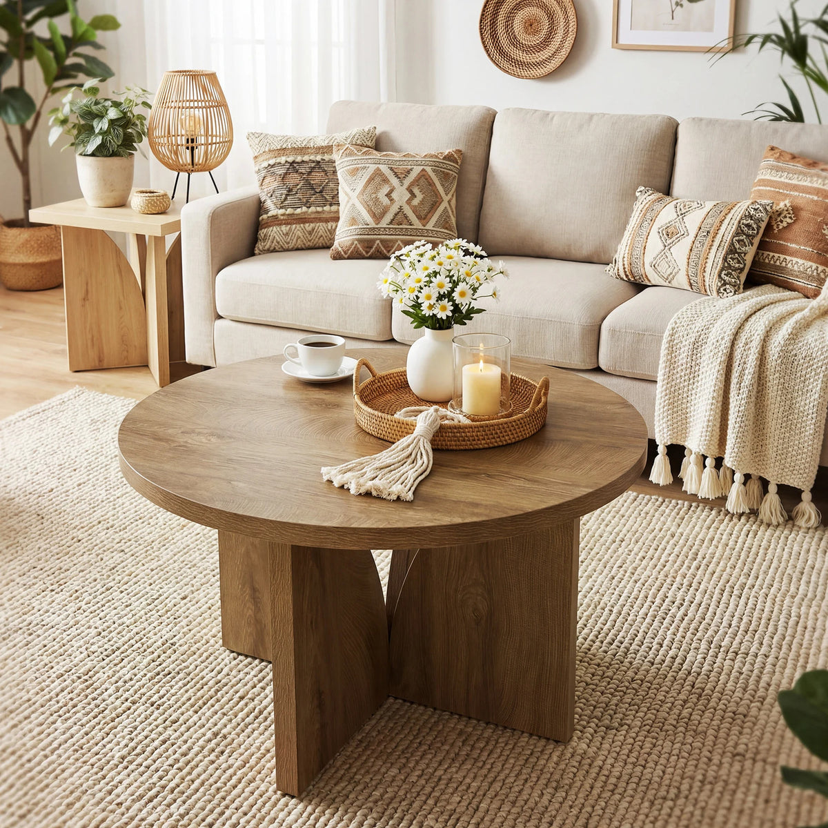Estuary 80cm Round Coffee Table, Wooden Centre Table for Living Room, Modern