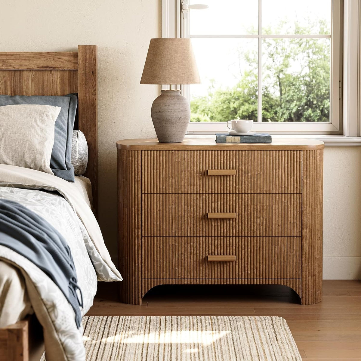 Large Wide Nightstand with 3 Drawers, Mid Century Modern Oversized Bedside Table