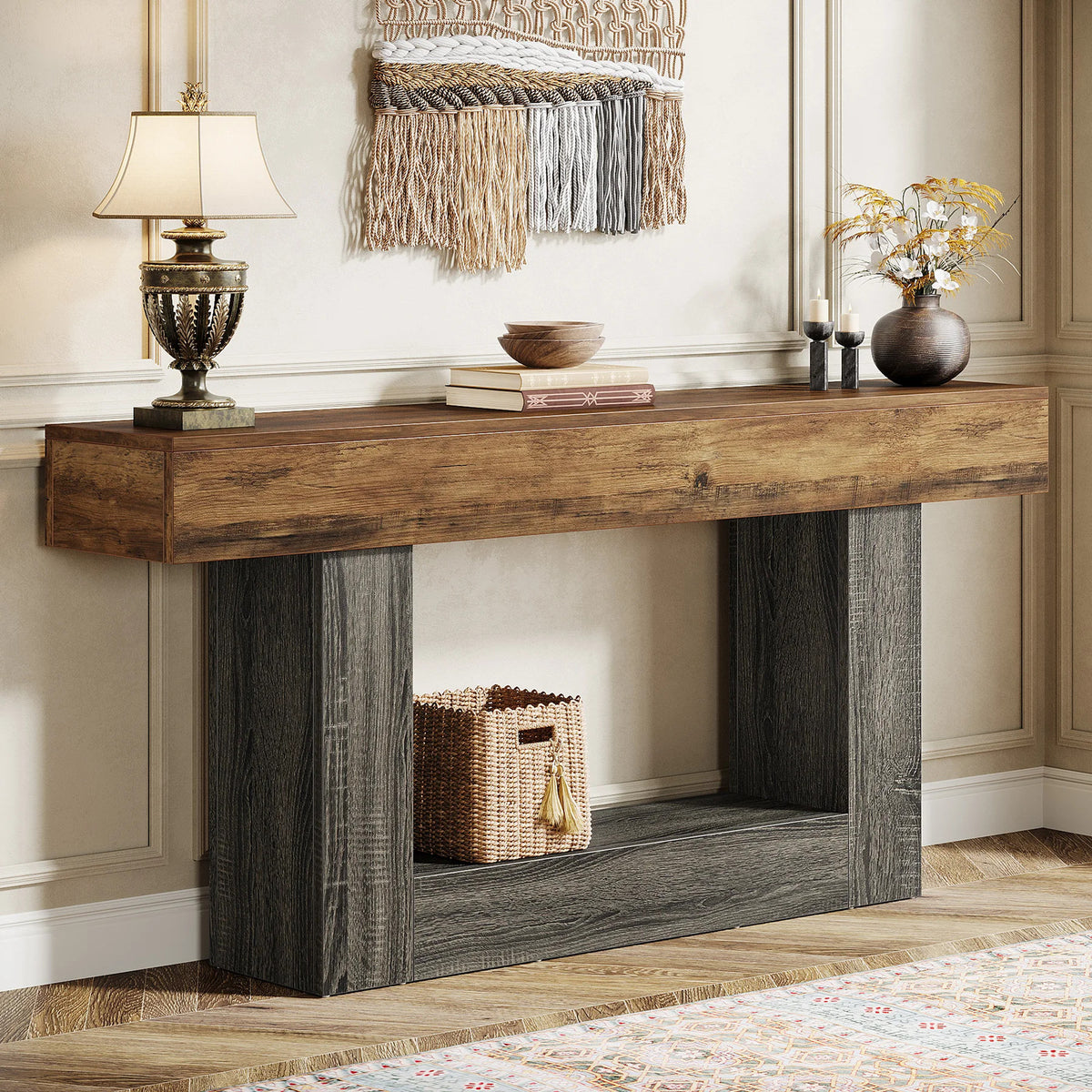 Estuary 160 cm Console Table, Farmhouse 2-Tier Entryway Table with U-Shap