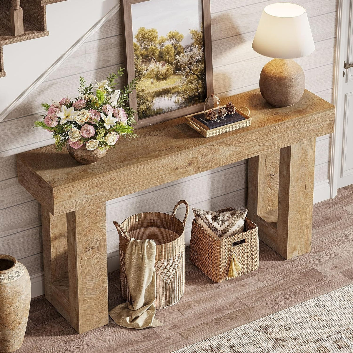63" Farmhouse Console Table, Natural Wooden Sofa Table Rectangular Accent Consol