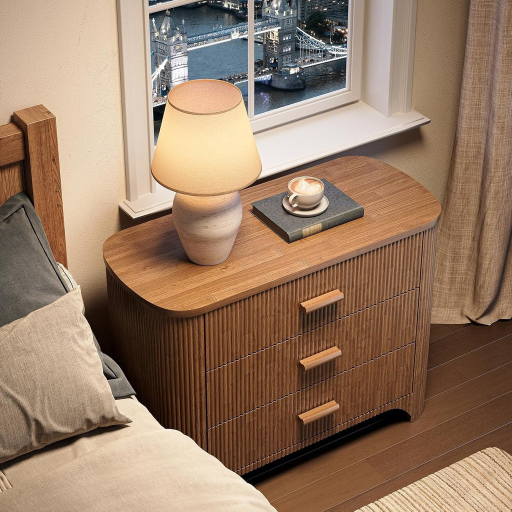 Large Wide Nightstand with 3 Drawers, Mid Century Modern Oversized Bedside Table