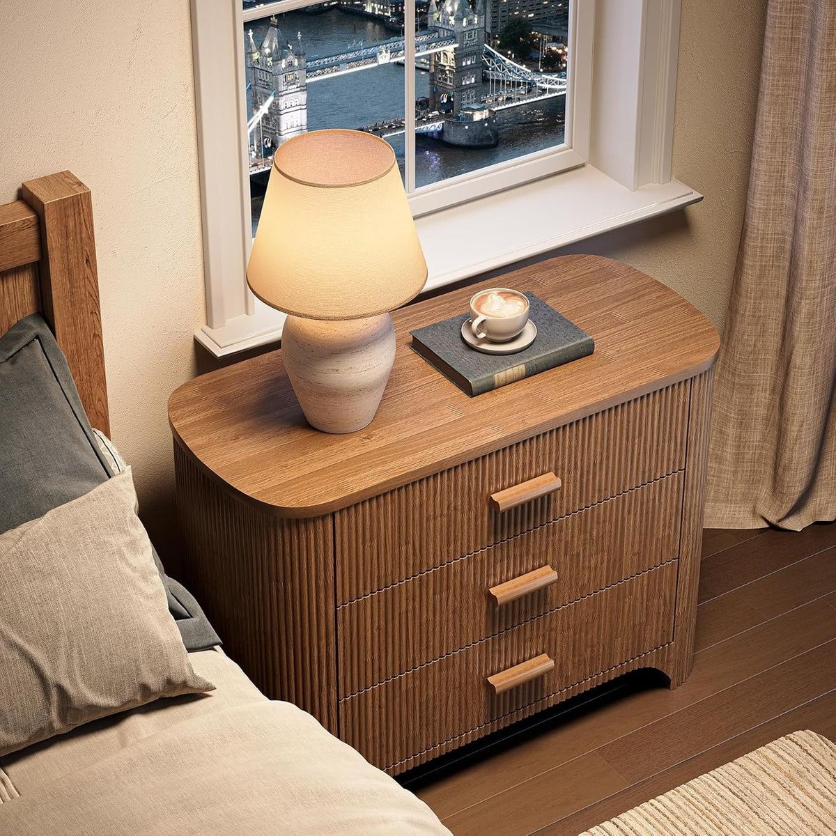 Large Wide Nightstand with 3 Drawers, Mid Century Modern Oversized Bedside Table
