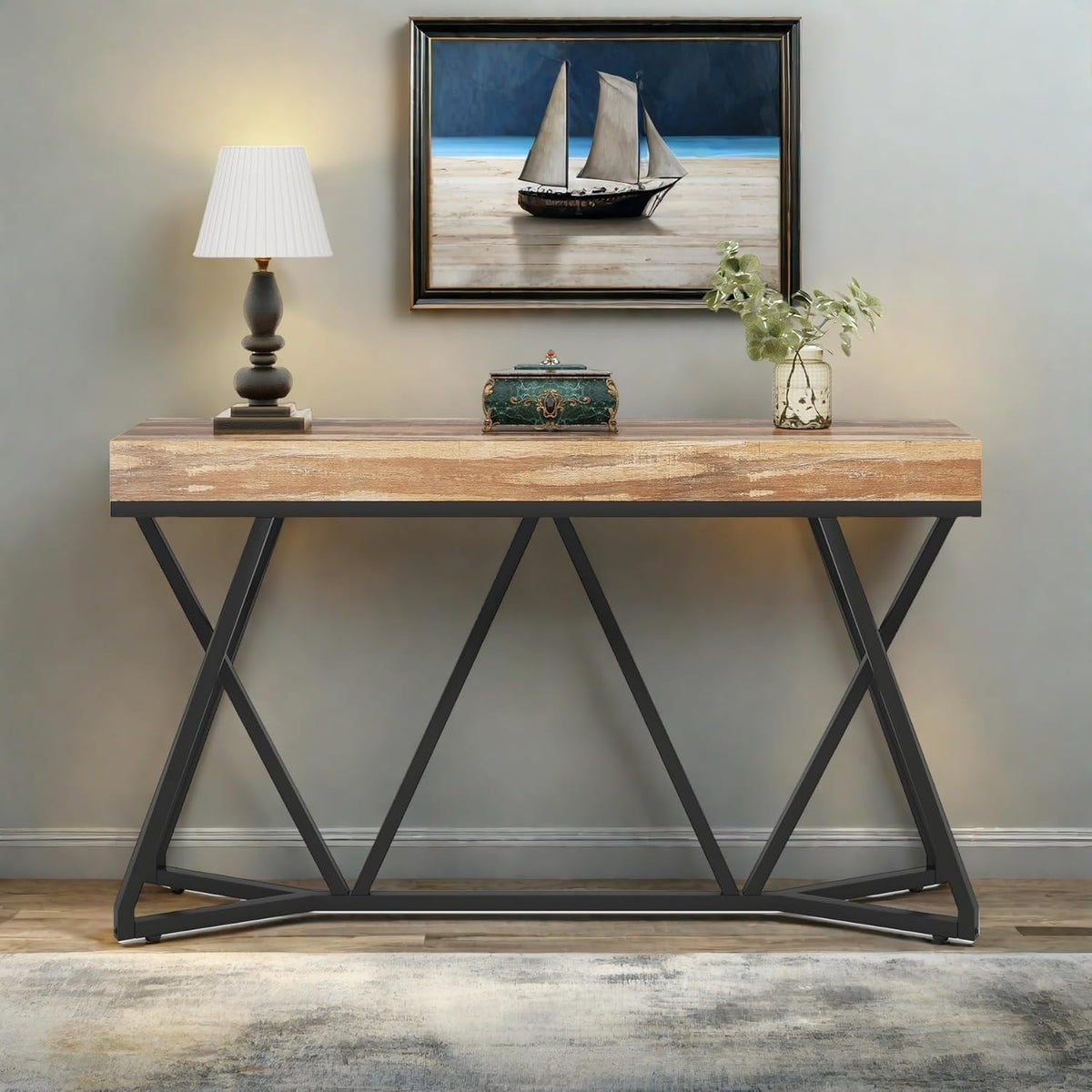 55 Inch Console Table – Farmhouse Entryway Table with Unique Metal Base, Wooden