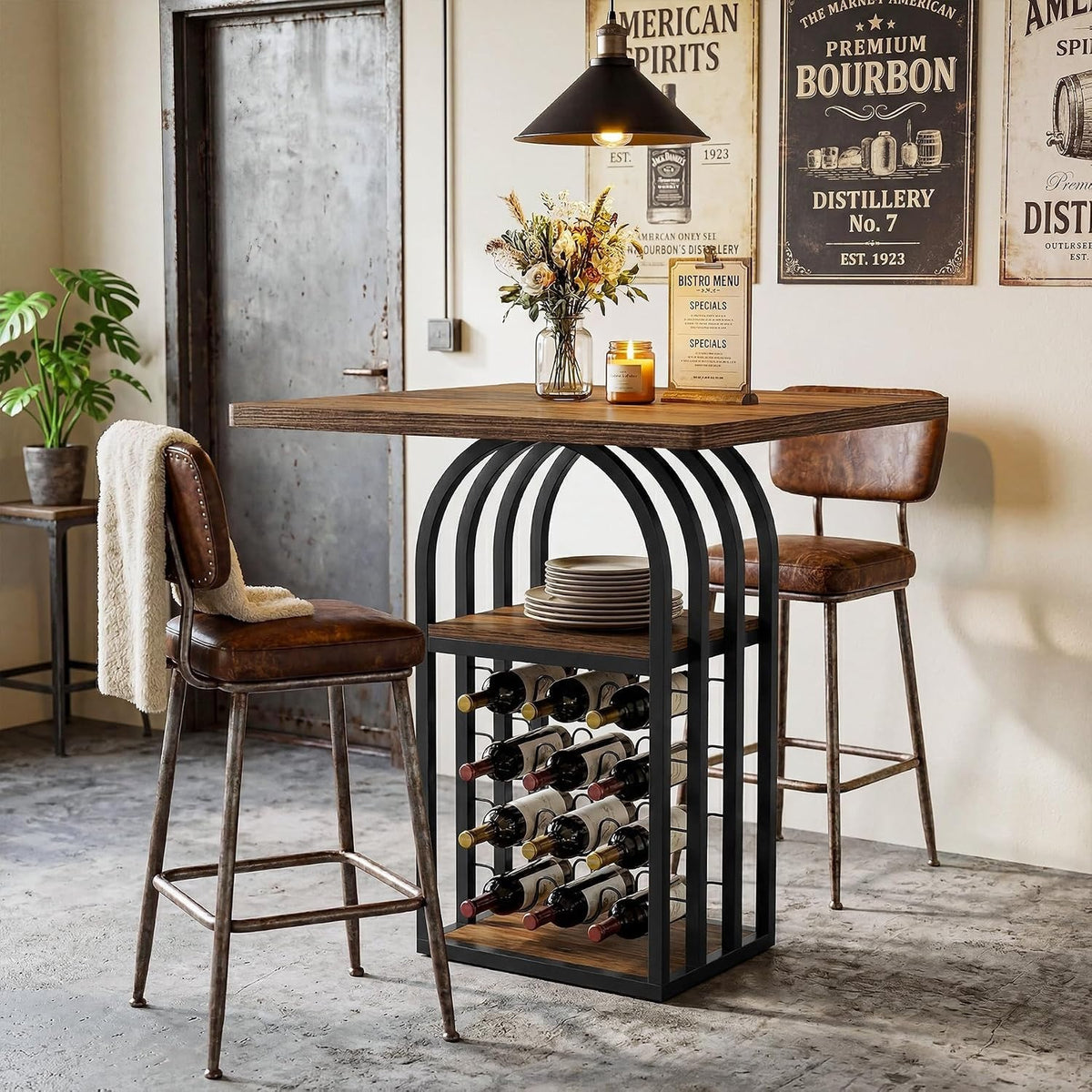 Square Bar Table, 35" H Bistro Pub Table with 4-Tier Wine Rack Storage and Shelv