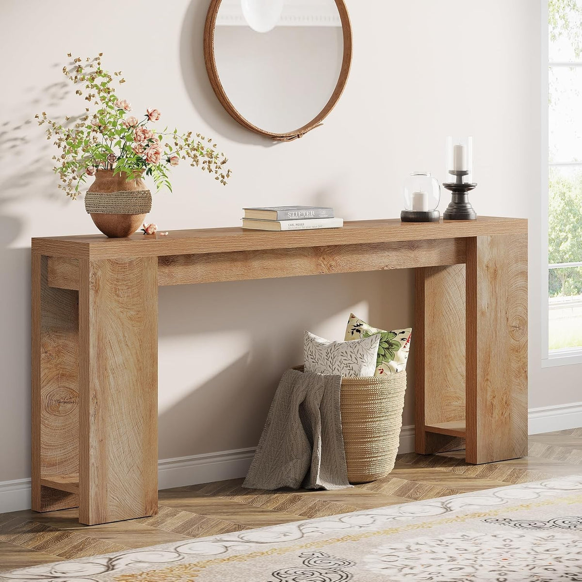Estuary 63-Inch Extra Long Console Table, Farmhouse Wood Sofa Table Behin