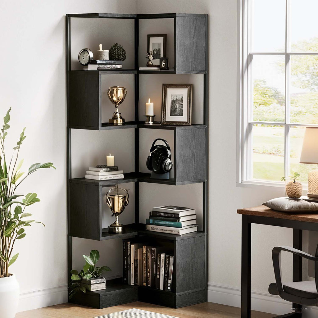 Office Corner Bookshelf Unit 180 cm, 6-Tier Office Floor Standing Bookcase, Tall