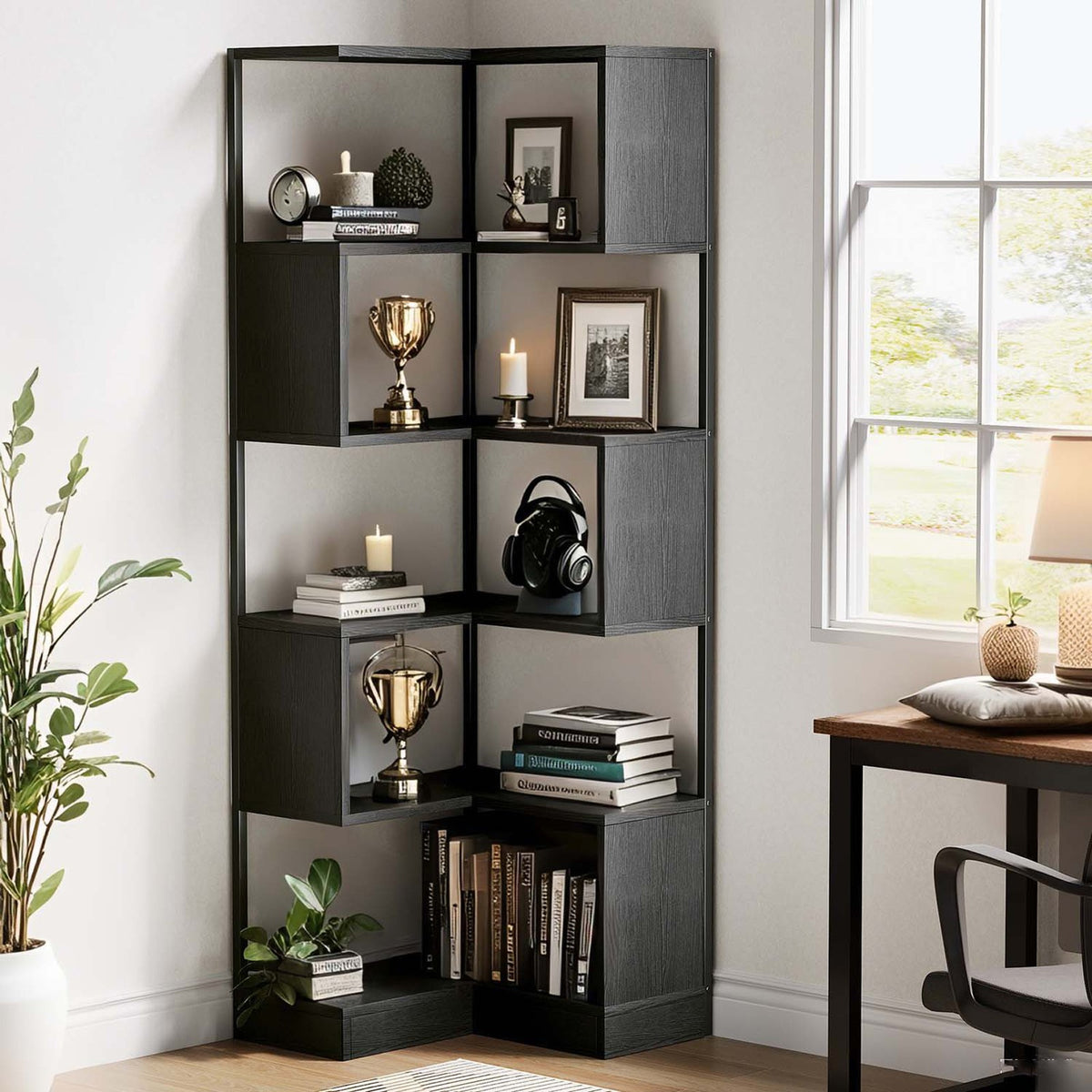 Office Corner Bookshelf Unit 180 cm, 6-Tier Office Floor Standing Bookcase, Tall