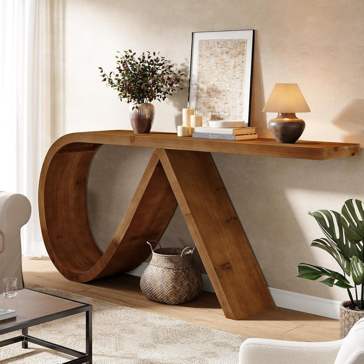 57 Inch Solid Wood Console Table, Curved Entryway Table, Narrow Long Sofa Table