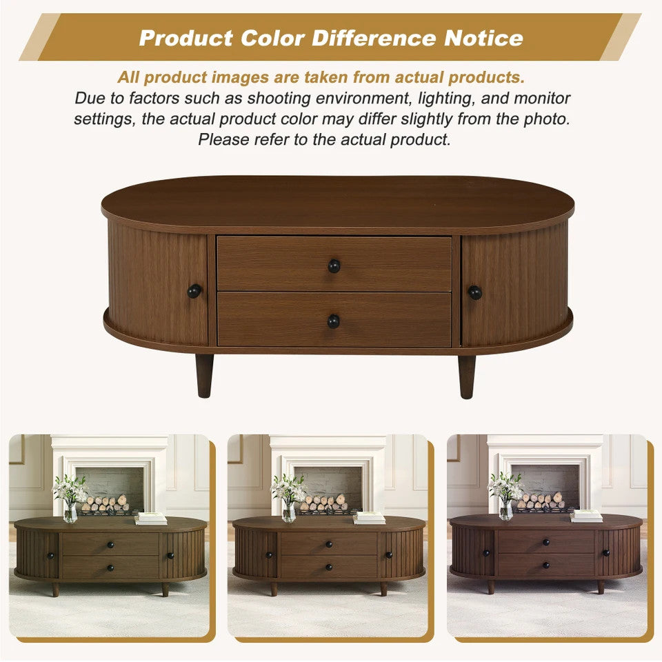 EstuaryOval Coffee Table with 2 Sliding Doors & Drawers – Walnut MDF, 100x50x36c
