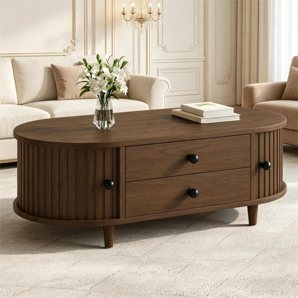 EstuaryOval Coffee Table with 2 Sliding Doors & Drawers – Walnut MDF, 100x50x36c