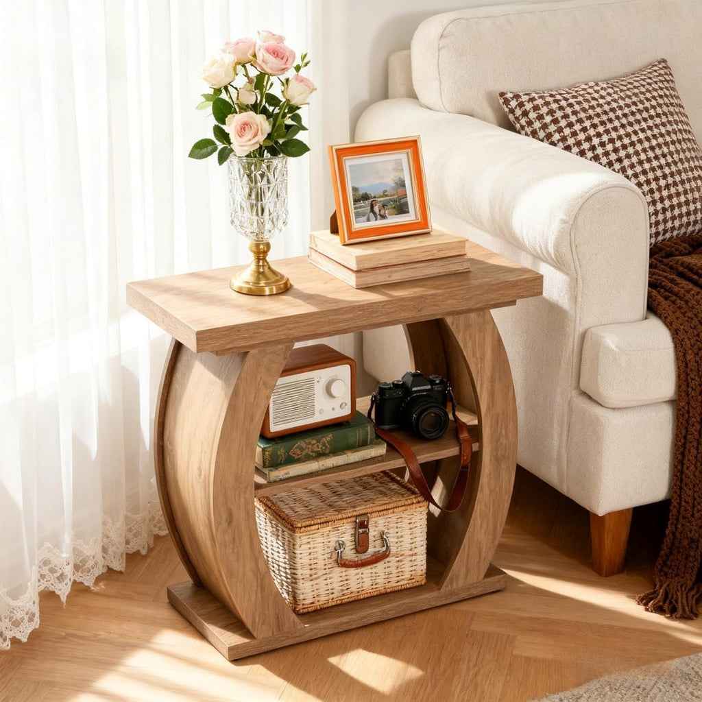 3-Tier End Table for Living Room, Narrow Bedside Table with Storage, Farmhouse W