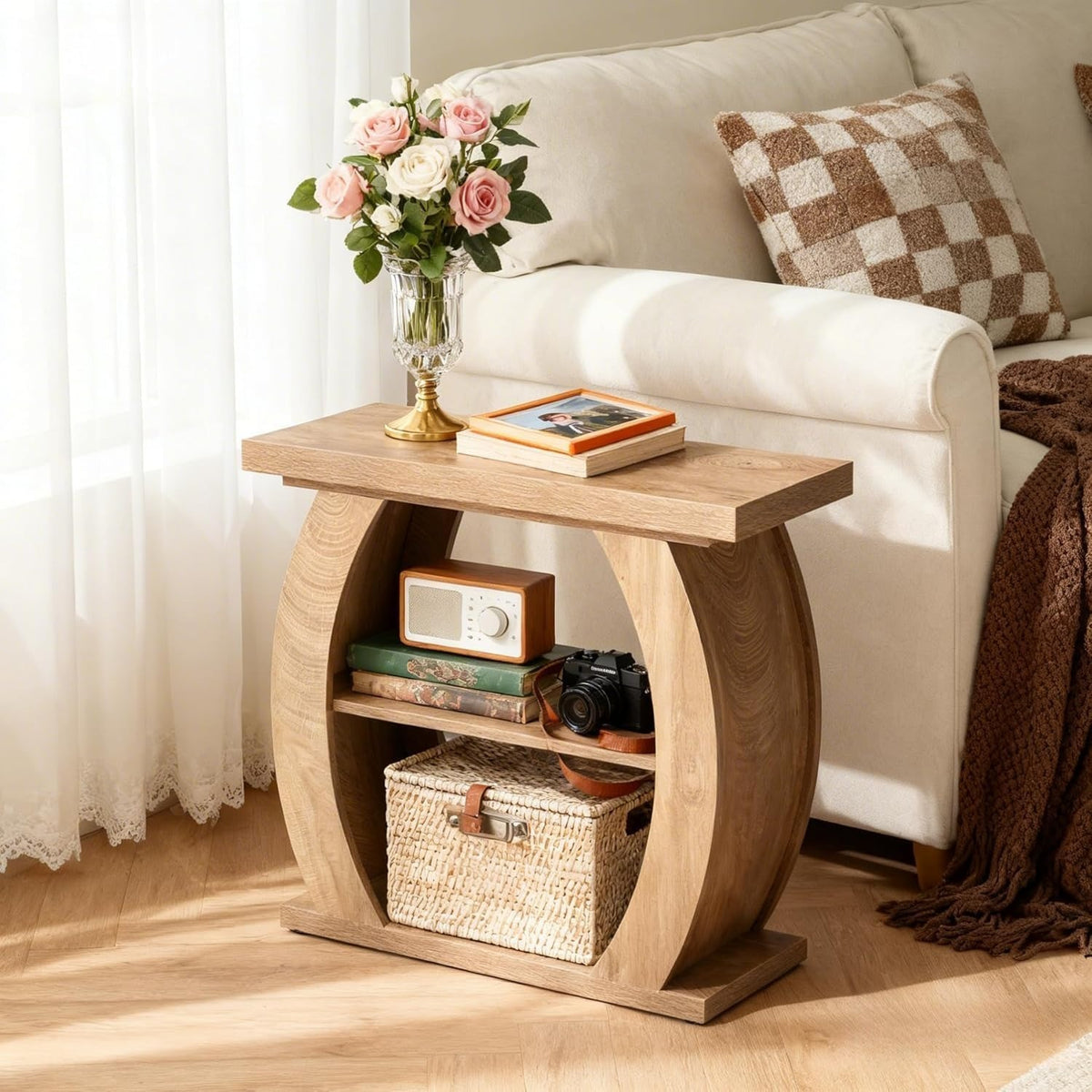 3-Tier End Table for Living Room, Narrow Bedside Table with Storage, Farmhouse W