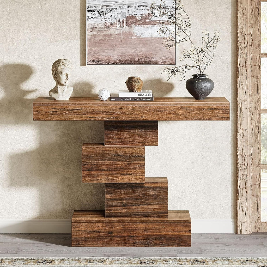 42.5 Inch Industrial Console Table – Narrow Wooden Sofa Table with Geometric Bas