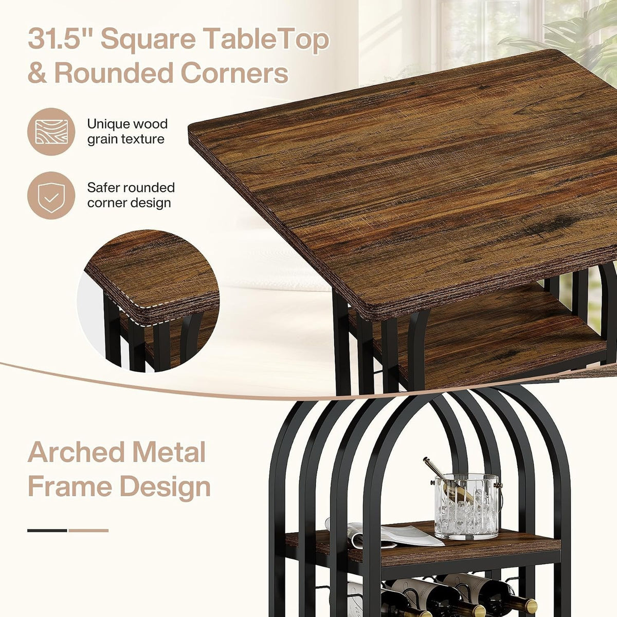 Square Bar Table, 35" H Bistro Pub Table with 4-Tier Wine Rack Storage and Shelv