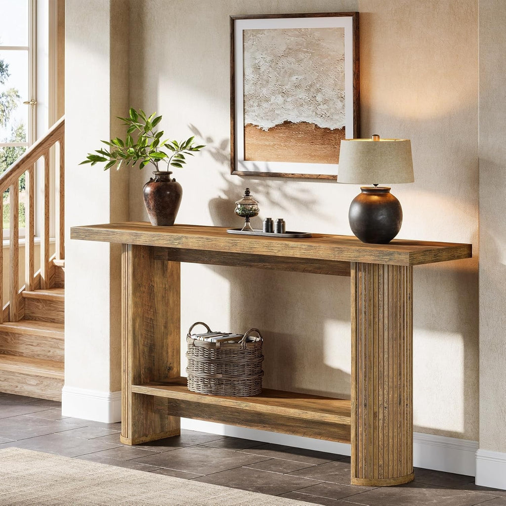 Estuary 140cm Modern Narrow Office Reception Console Table, Wooden 2-Shelf Lobby