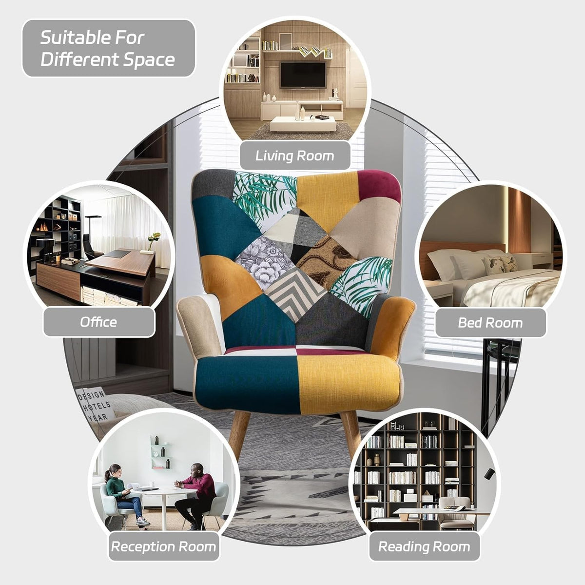 EstuaryPatchwork Accent Chair, Modern Upholstered Armchair with Wooden Legs, Mul