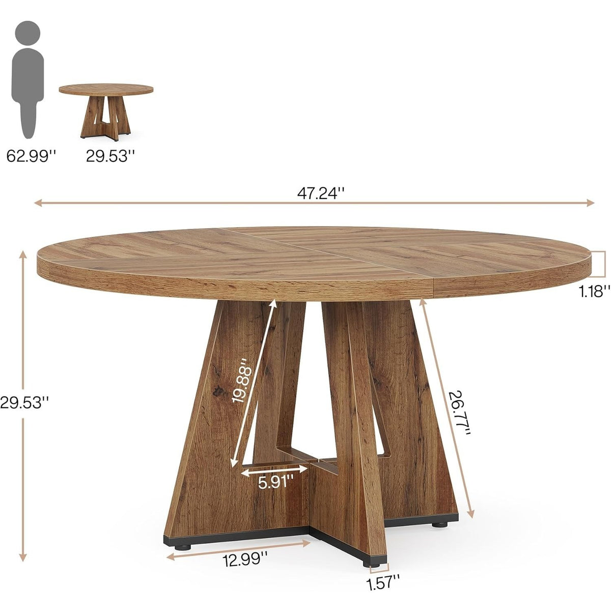 47 Inch Round Farmhouse Dining Table – Wooden Kitchen Table with Cross Base, Ide