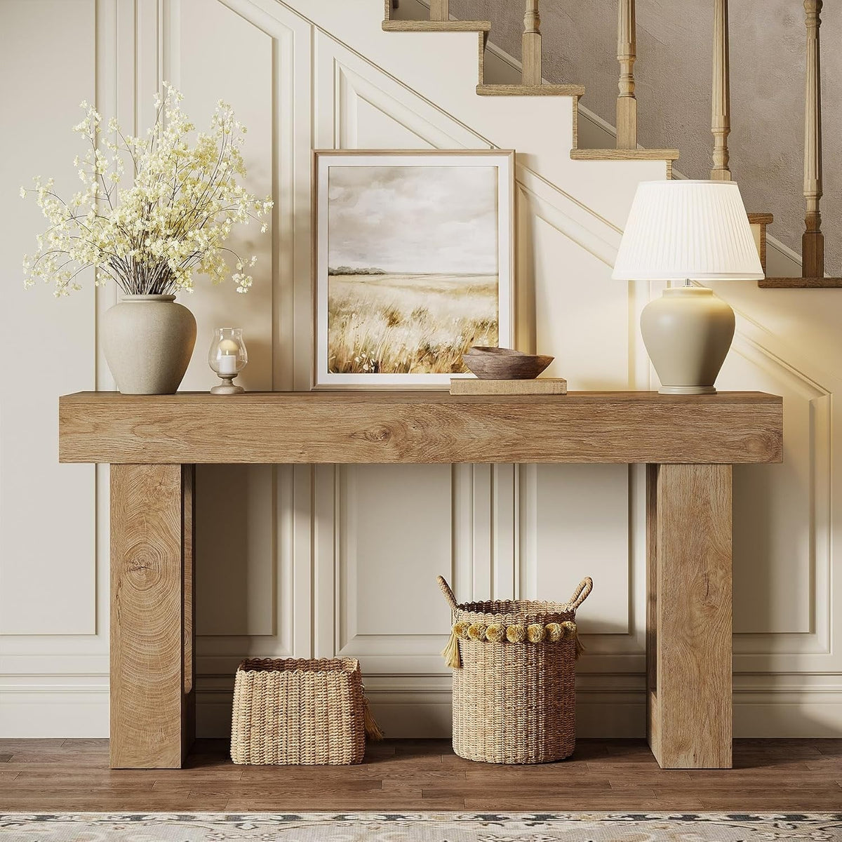 63" Farmhouse Console Table, Natural Wooden Sofa Table Rectangular Accent Consol