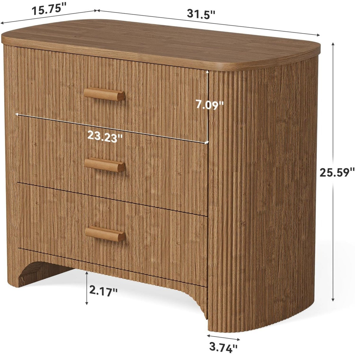 Large Wide Nightstand with 3 Drawers, Mid Century Modern Oversized Bedside Table