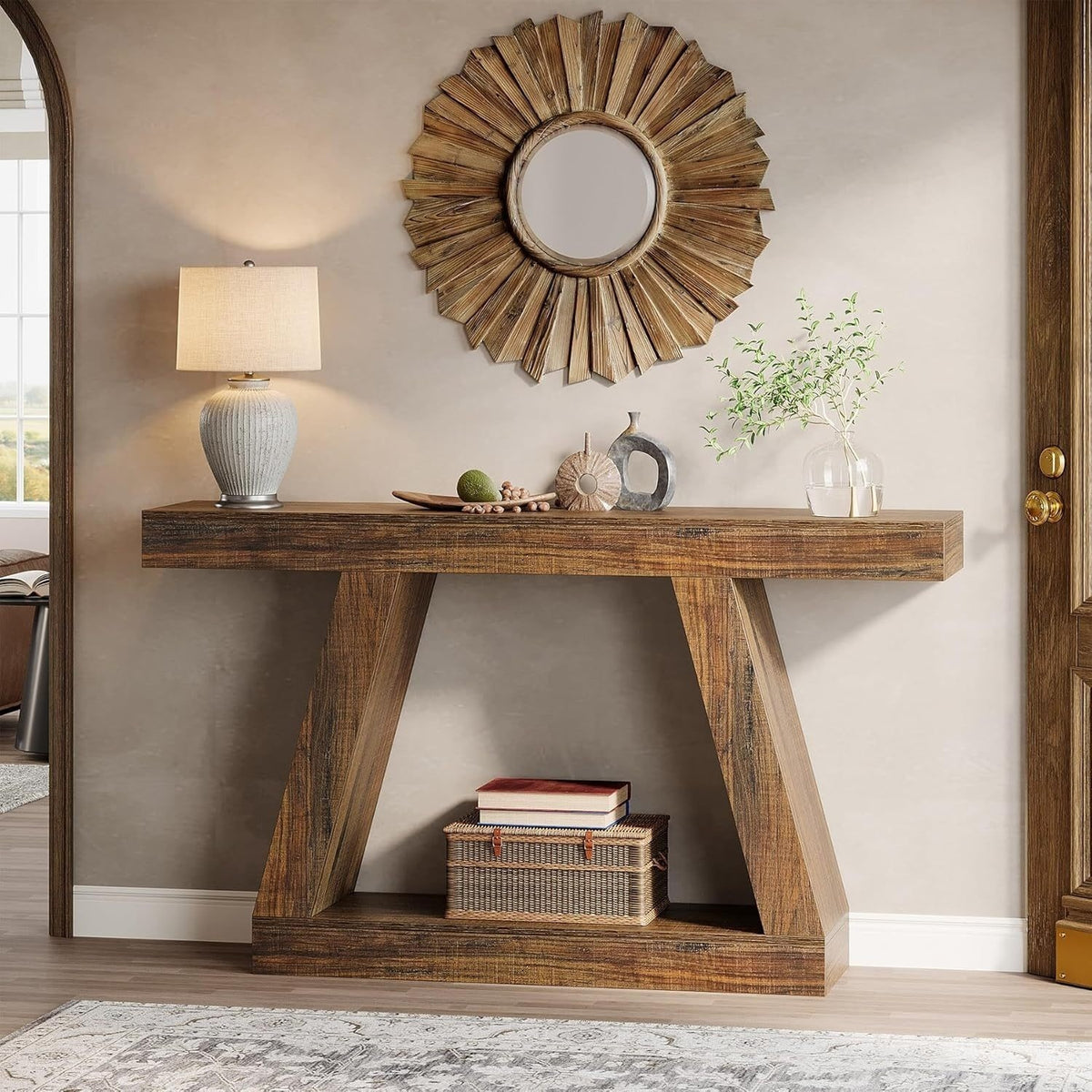 55-Inch Farmhouse Console Table with 2-Tier Storage Shelves - Rustic Industrial