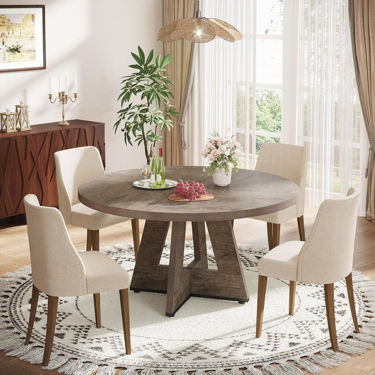 47 Inch Round Farmhouse Dining Table – Wooden Kitchen Table for 4 People, Ideal