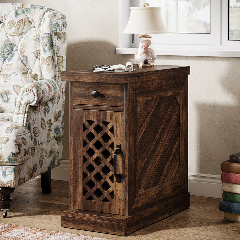 Estuary End Table, Narrow Side Table with Drawer and Cabinet, Farmhouse N