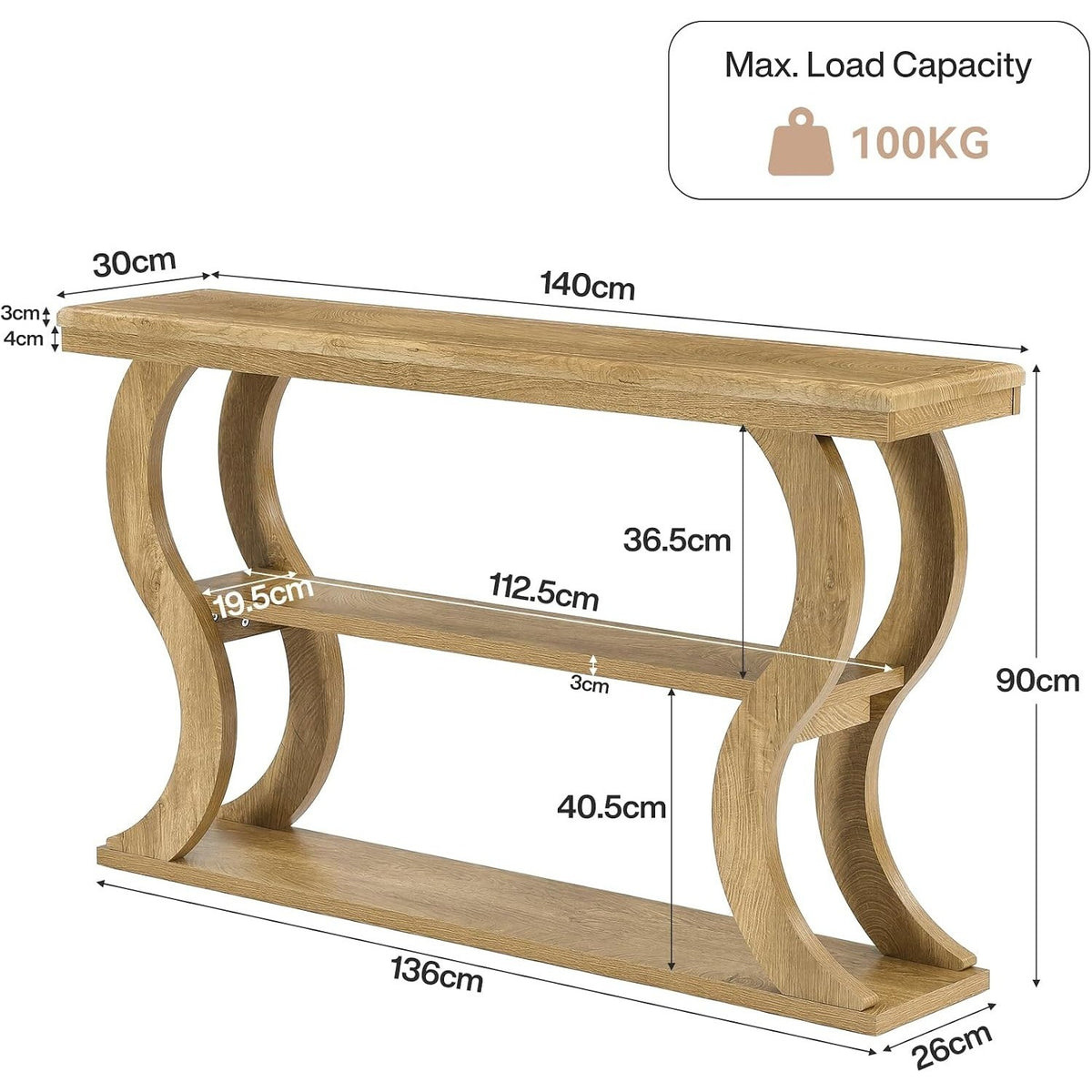 Estuary 140Cm Narrow 3-Tier Living Room Side Table | Farmhouse Entrance Table, N