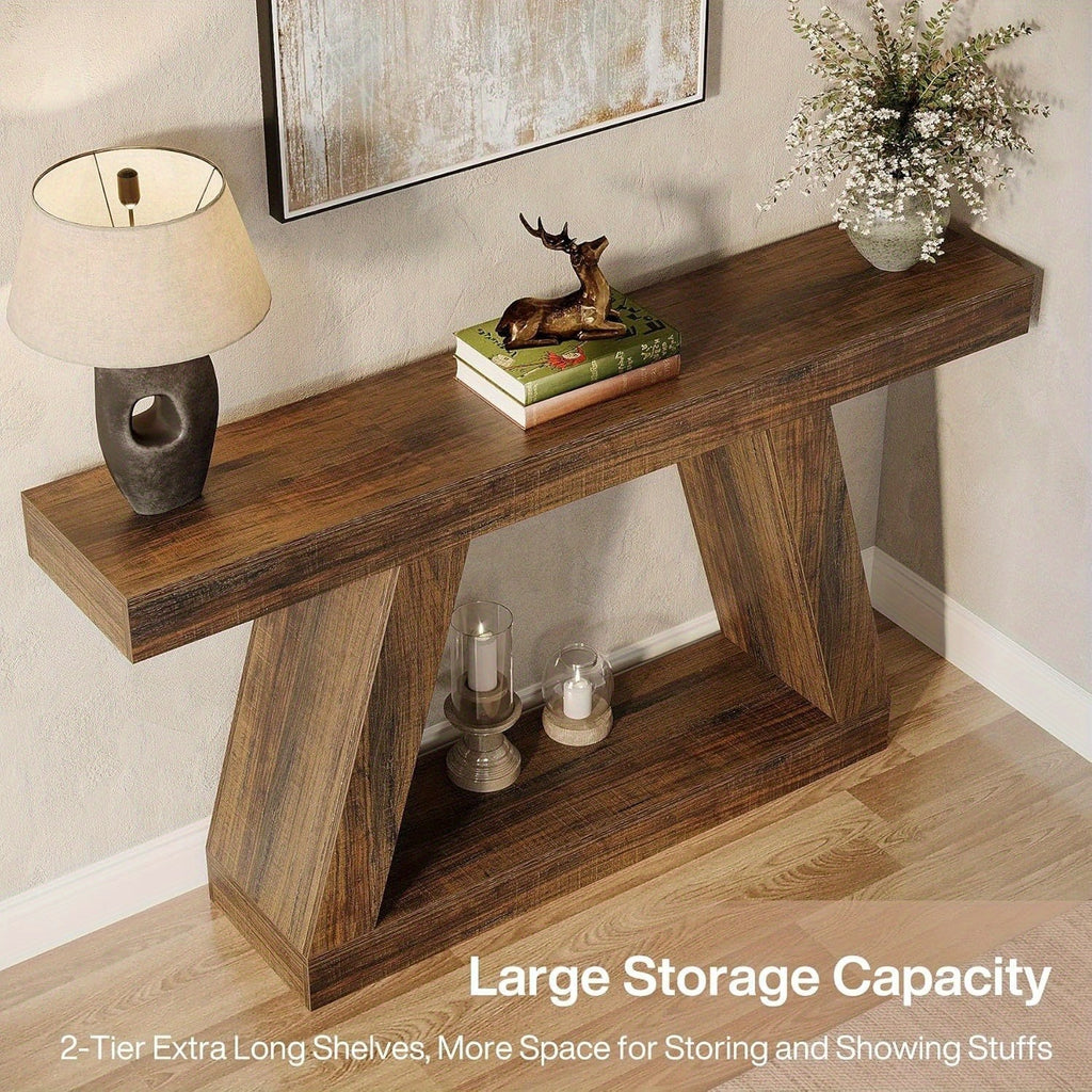 55-Inch Farmhouse Console Table with 2-Tier Storage Shelves - Rustic Industrial