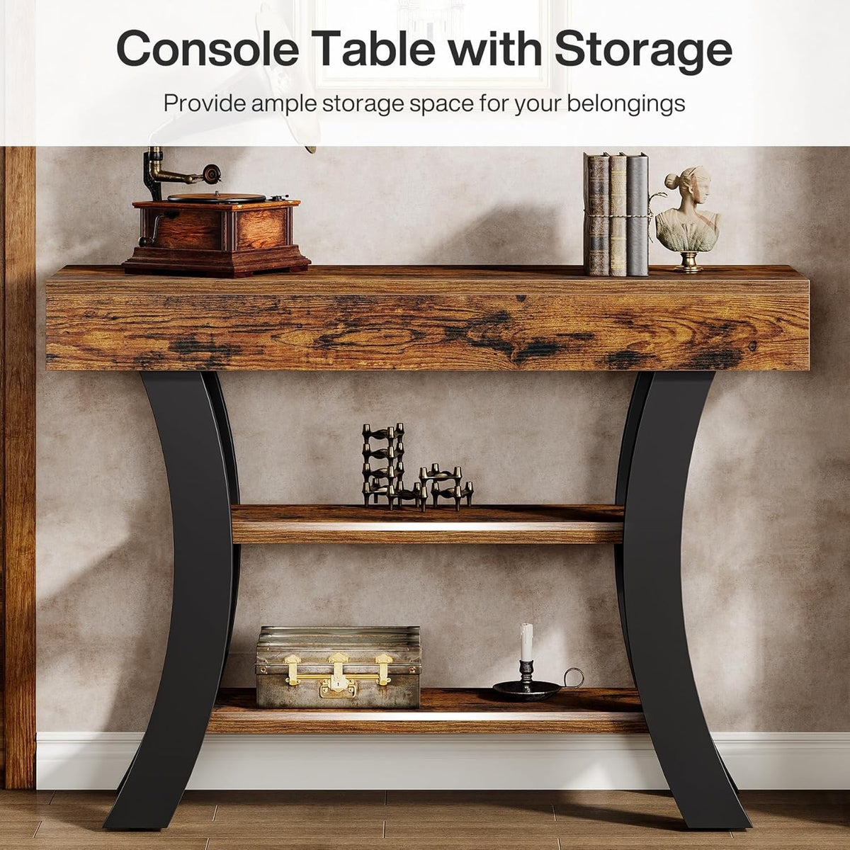 41" Small Console Table for Entryway, 3-Tier Rustic Sofa Table with Storage Shel