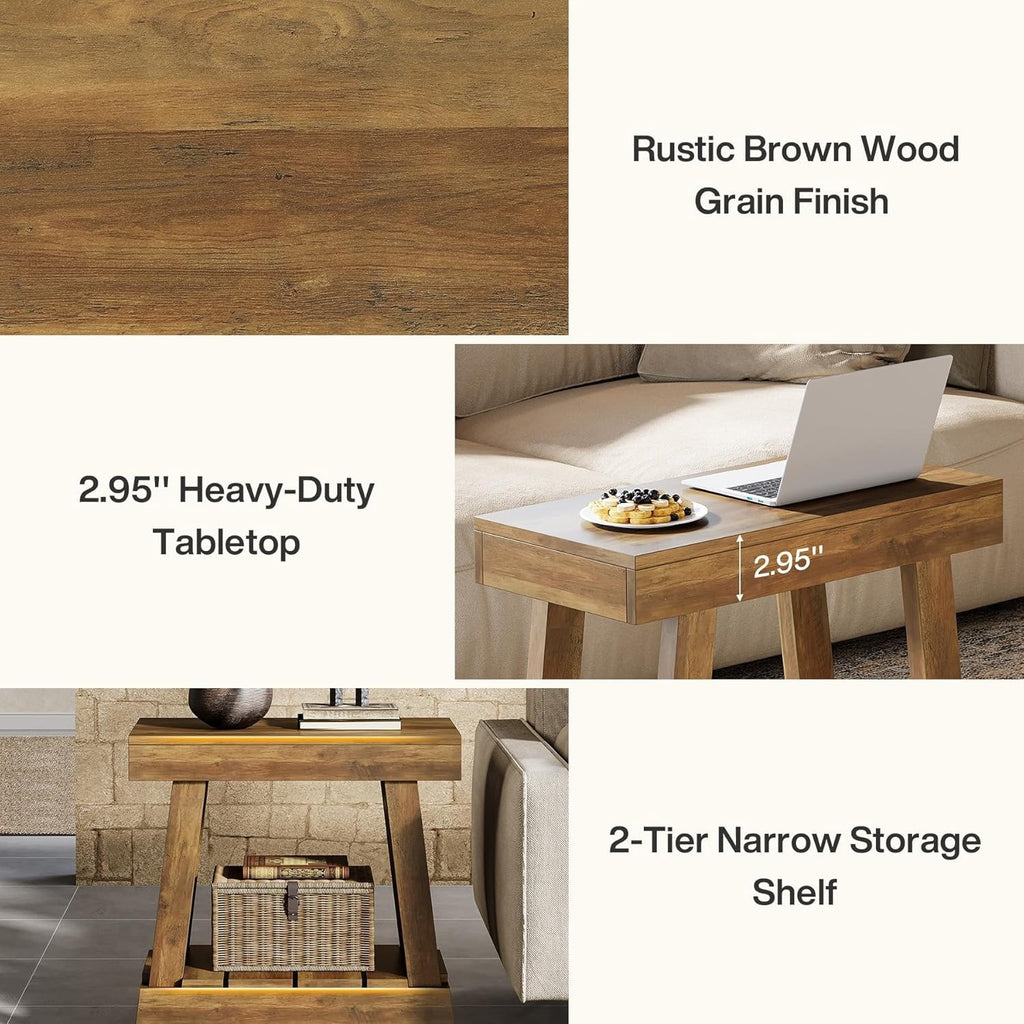End Table, Side Table with 2-Tier Storage Shelf for Living Room, Farmhouse Bedsi
