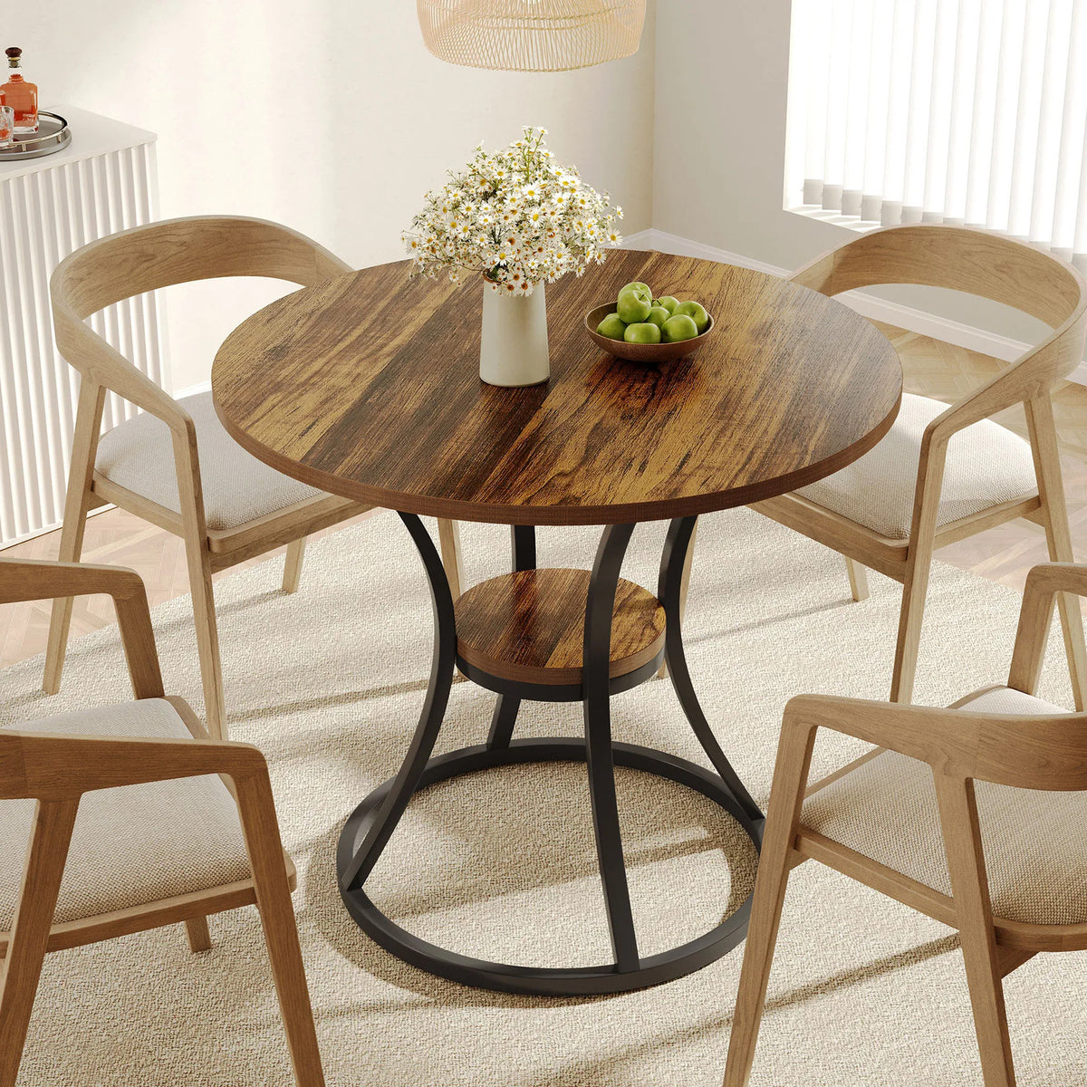Estuary Round Dining Table for 4, Wooden Circle Dining Room Table with Storag