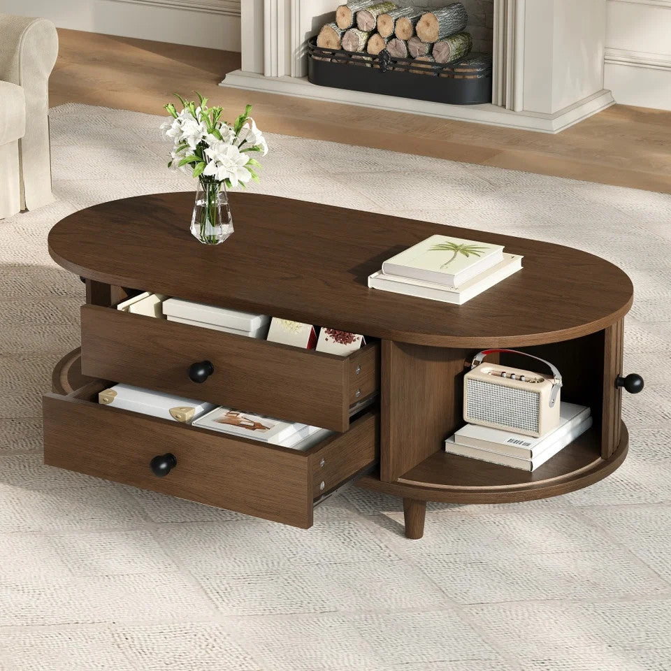 EstuaryOval Coffee Table with 2 Sliding Doors & Drawers – Walnut MDF, 100x50x36c