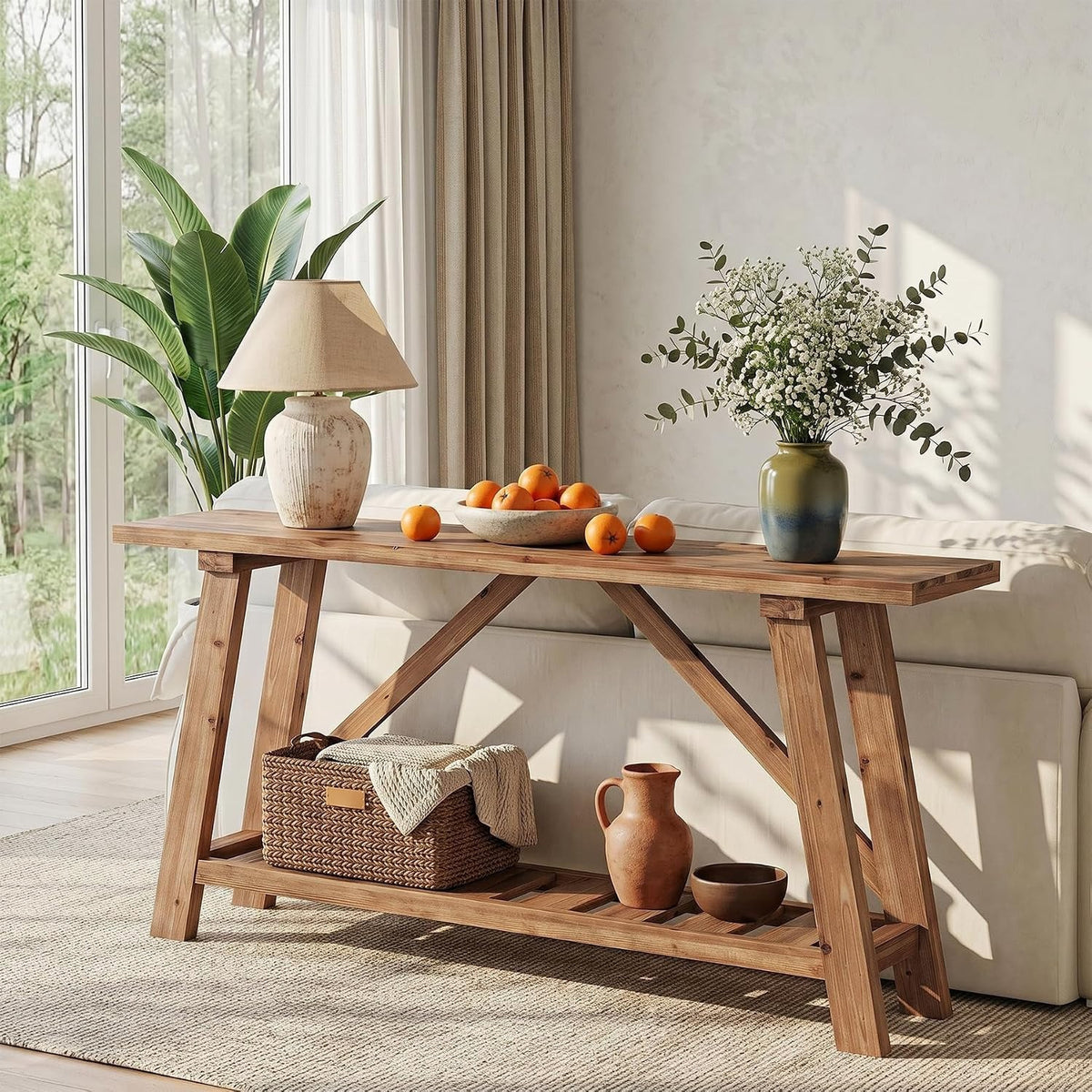 Solid Wood Console Table, 62.9-Inch Long Narrow Entryway Sofa Table with Storage