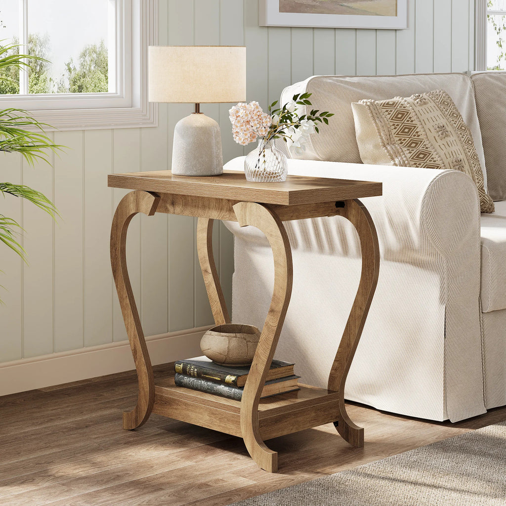 Estuary End Table, Narrow Wood Side Table with Storage Shelves, 2-Tie