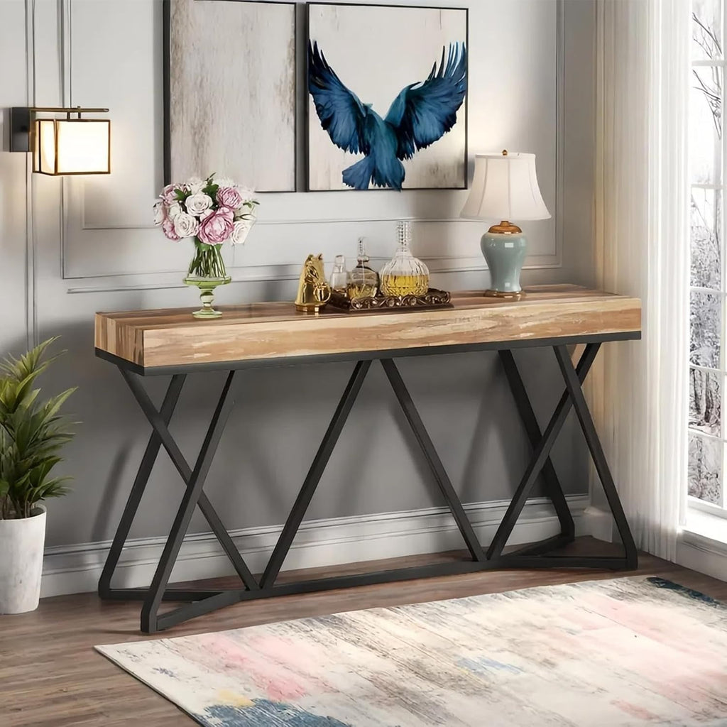 55 Inch Console Table – Farmhouse Entryway Table with Unique Metal Base, Wooden