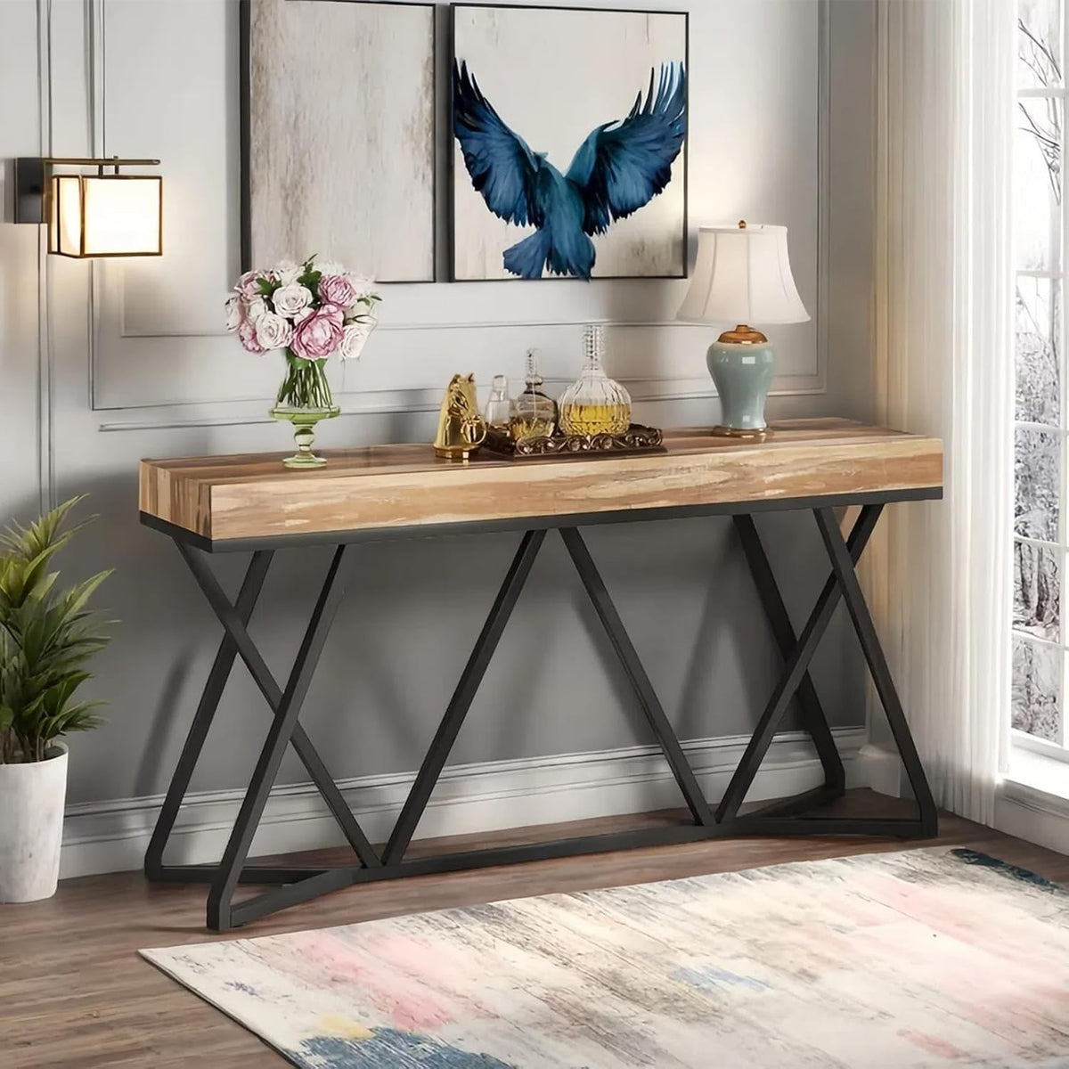 55 Inch Console Table – Farmhouse Entryway Table with Unique Metal Base, Wooden