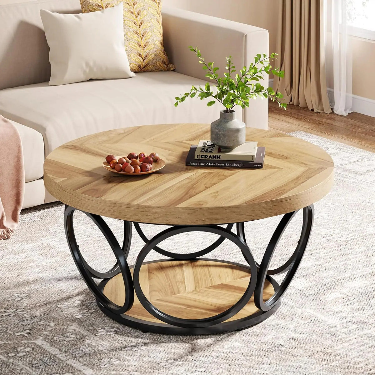 Estuary Round Coffee Table,80cm Round Wood Center Table, Farmhouse Large Circ