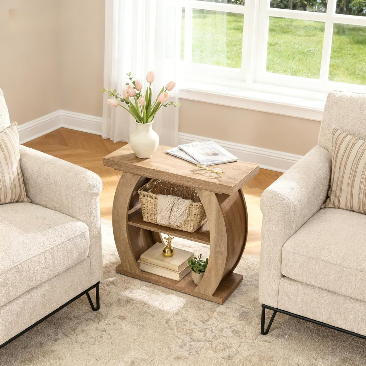 3-Tier End Table for Living Room, Narrow Bedside Table with Storage, Farmhouse W