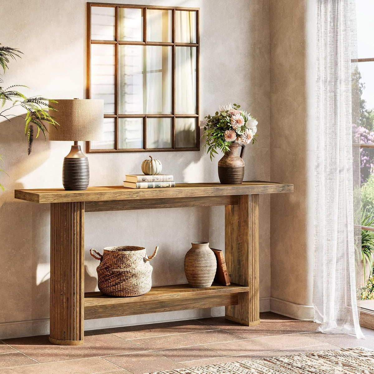 Estuary 140cm Modern Narrow Office Reception Console Table, Wooden 2-Shelf Lobby