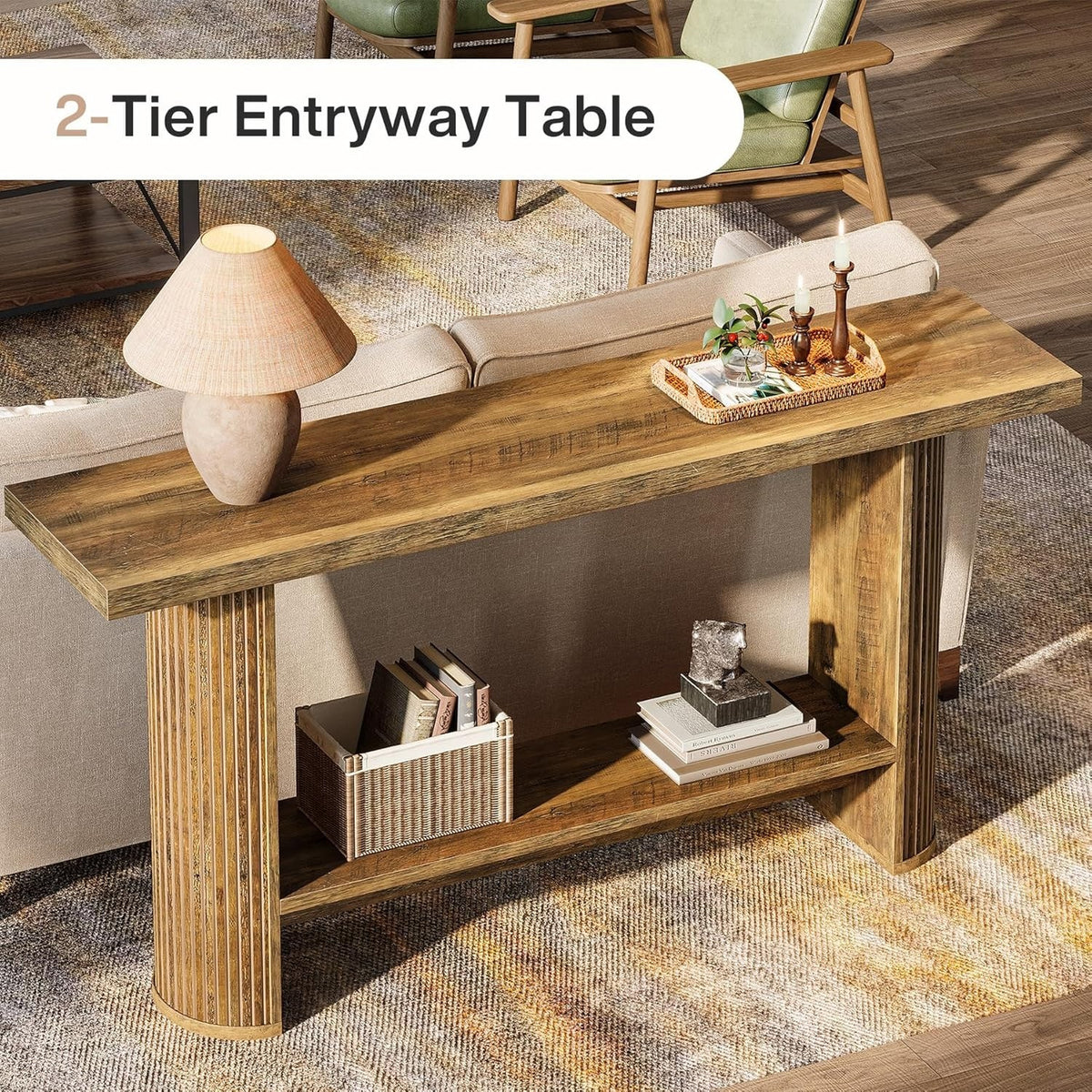 Estuary 140cm Modern Narrow Office Reception Console Table, Wooden 2-Shelf Lobby
