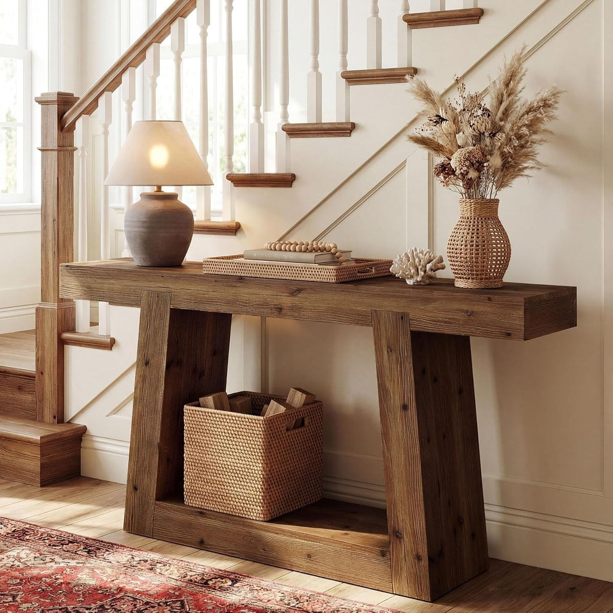55-Inch Solid Wood Office Reception Console Table, Farmhouse Sofa Side Table wit