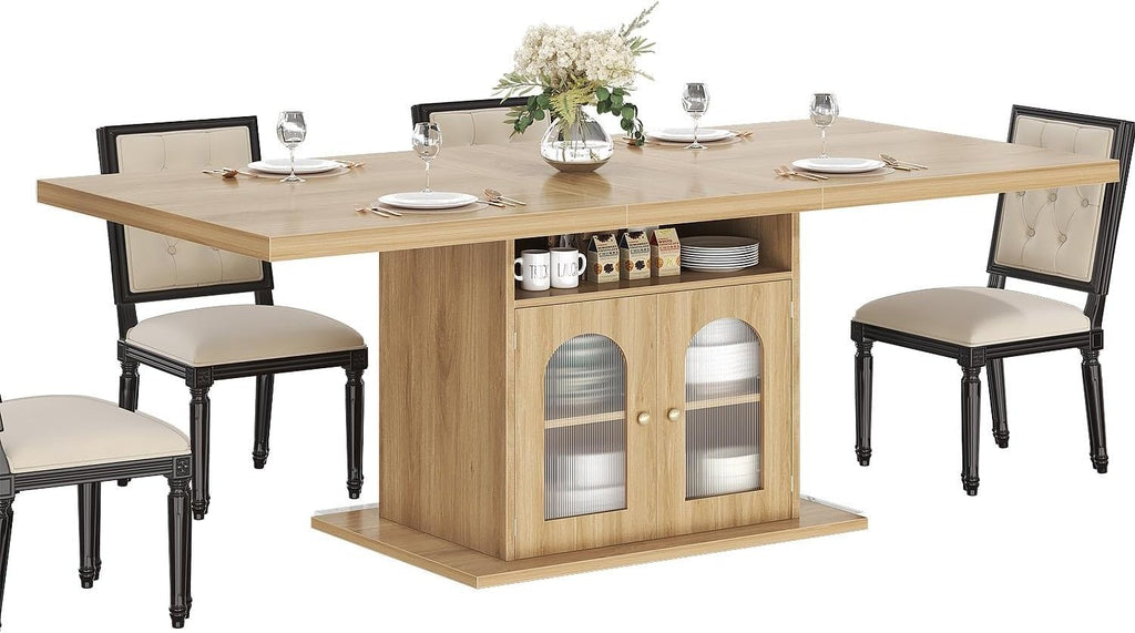 EstuaryDining Desk for 4–6 Wood Farmhouse Kitchen Table with 3-Tier Storage Shel