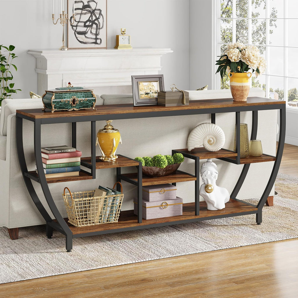 70.9 Inch Long Sofa Table with Shelves, Rustic Console Table with Storage, Indus